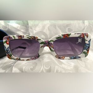 Ed Hardy White Floral Sunglasses with Purple Lenses NEW